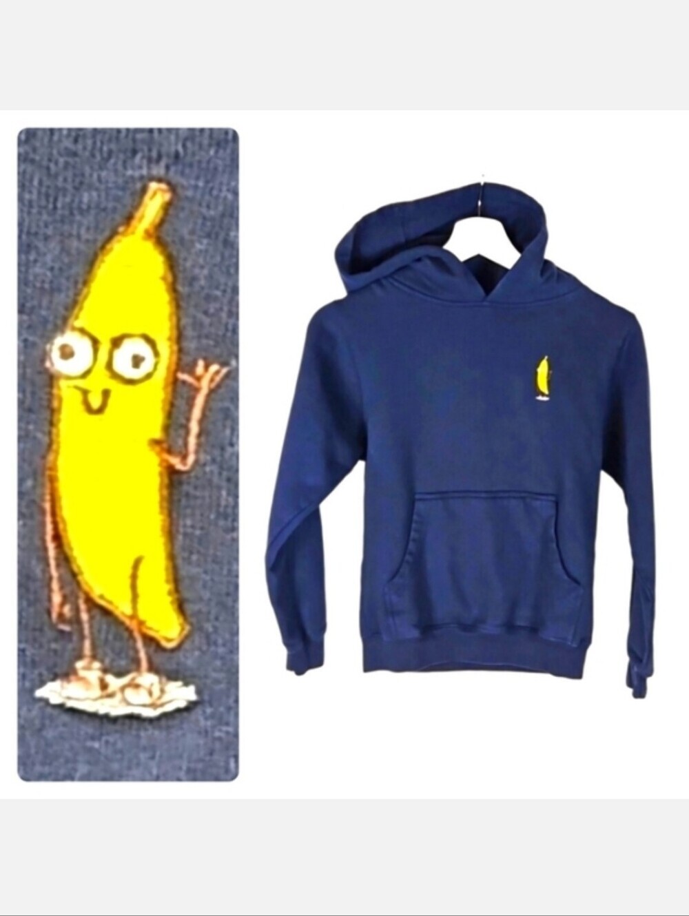 Banana Embroidered Navy Blue Hoodie Sweatshirt, Size M